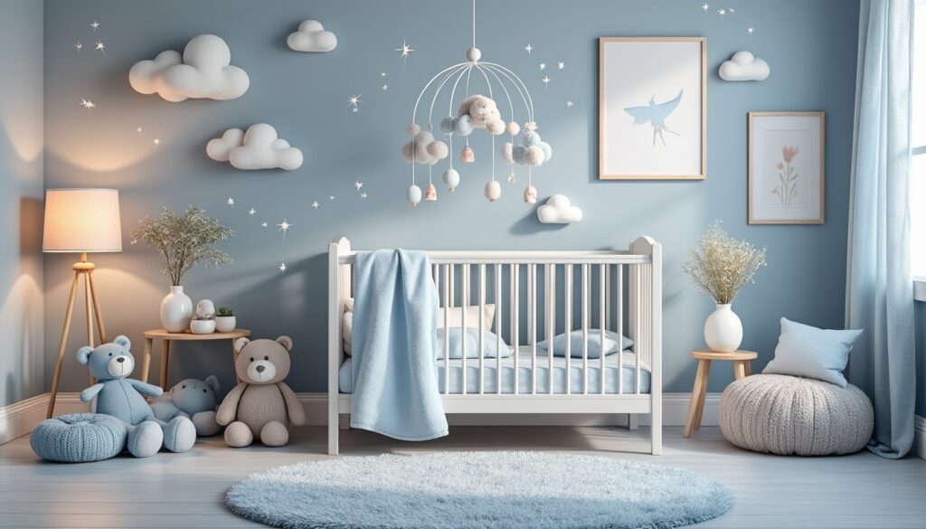 découvrez l'harmonie apaisante d'une chambre bébé garçon aux teintes bleu et gris. plongez dans un cocon réconfortant où douceur et élégance se rencontrent pour offrir à votre petit un espace propice à l'éveil et au bien-être.