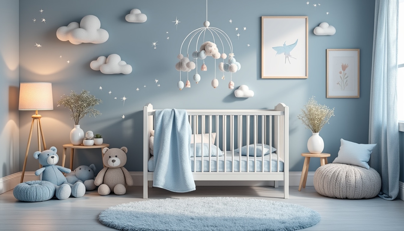 découvrez l'harmonie apaisante d'une chambre bébé garçon aux teintes bleu et gris. plongez dans un cocon réconfortant où douceur et élégance se rencontrent pour offrir à votre petit un espace propice à l'éveil et au bien-être.
