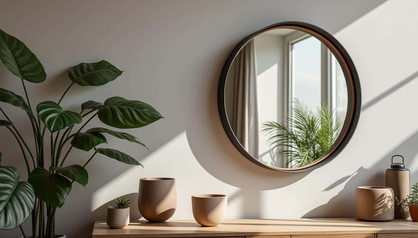 Illustration: S’initier à la déco murale avec un miroir rond doré : tendances et inspirations