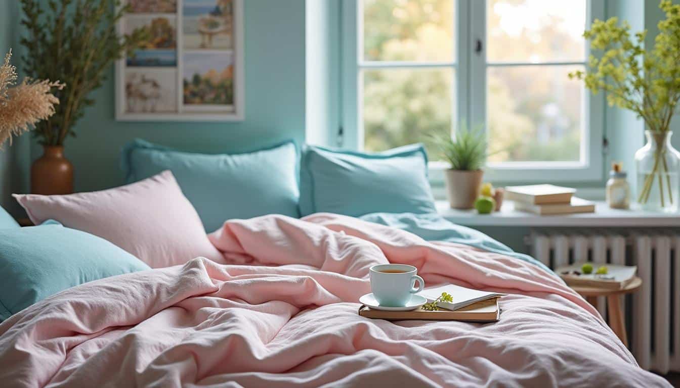 Décorer une chambre avec des draps coton couleur pastel
