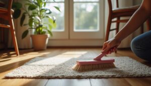 Entretien d'un tapis à miettes en laine dans une salle à manger